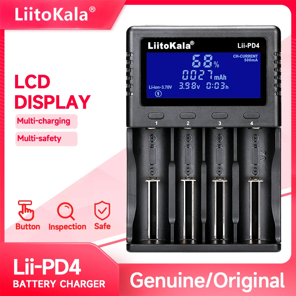 

Genuine/​Original ​LiitoKala Lii-PD4 battery charger Input : AC 110-240V 18650,18490,26650,26500,17670,17355,16340,14500,10440