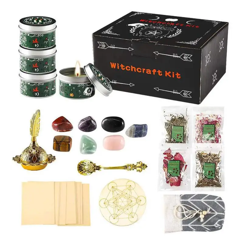

Witchcrafts Supplies Kit Dried Herbs Healing Crystals And Colored Magic Spiritual Candles Parchments Western Atmosphere
