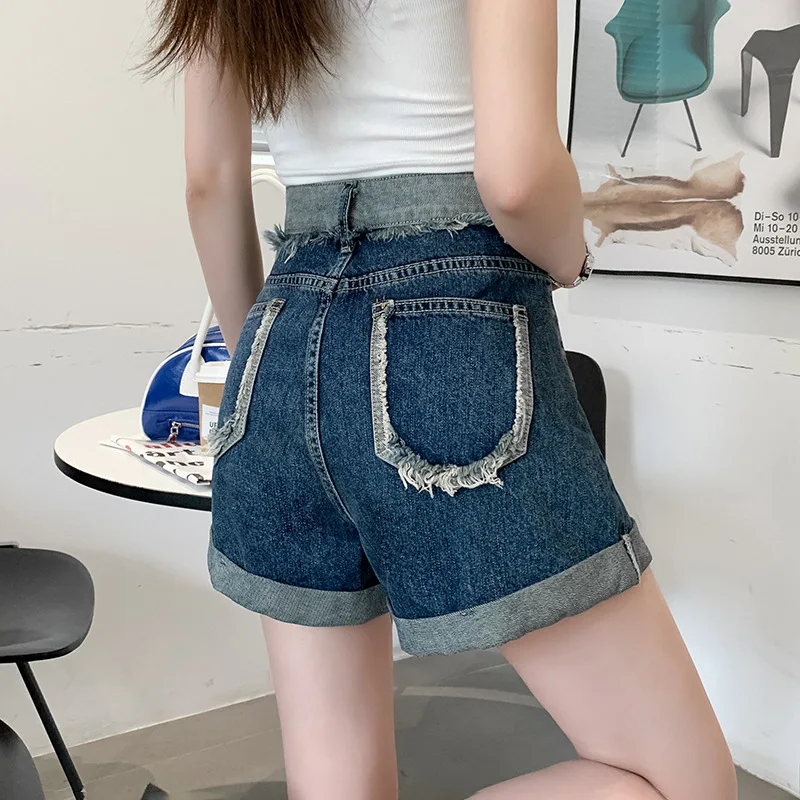 Retro Denim Shorts For Women Summer 2023 Fashionable Splicing Curled Edges With Pocket Hot Pants Ladies Casual Wide Leg Pants