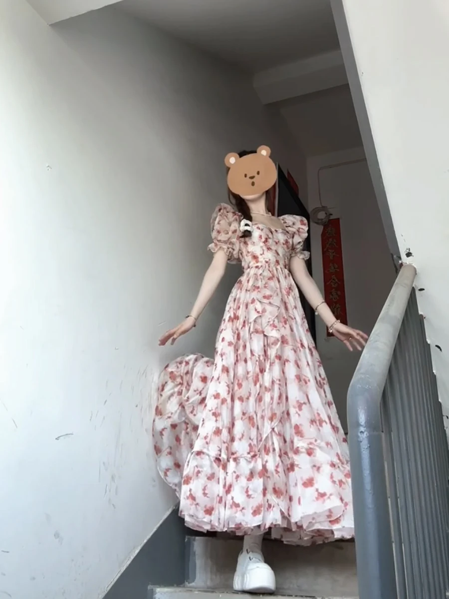 Женское Плиссированное длинное платье с цветочным принтом квадратным вырезом и