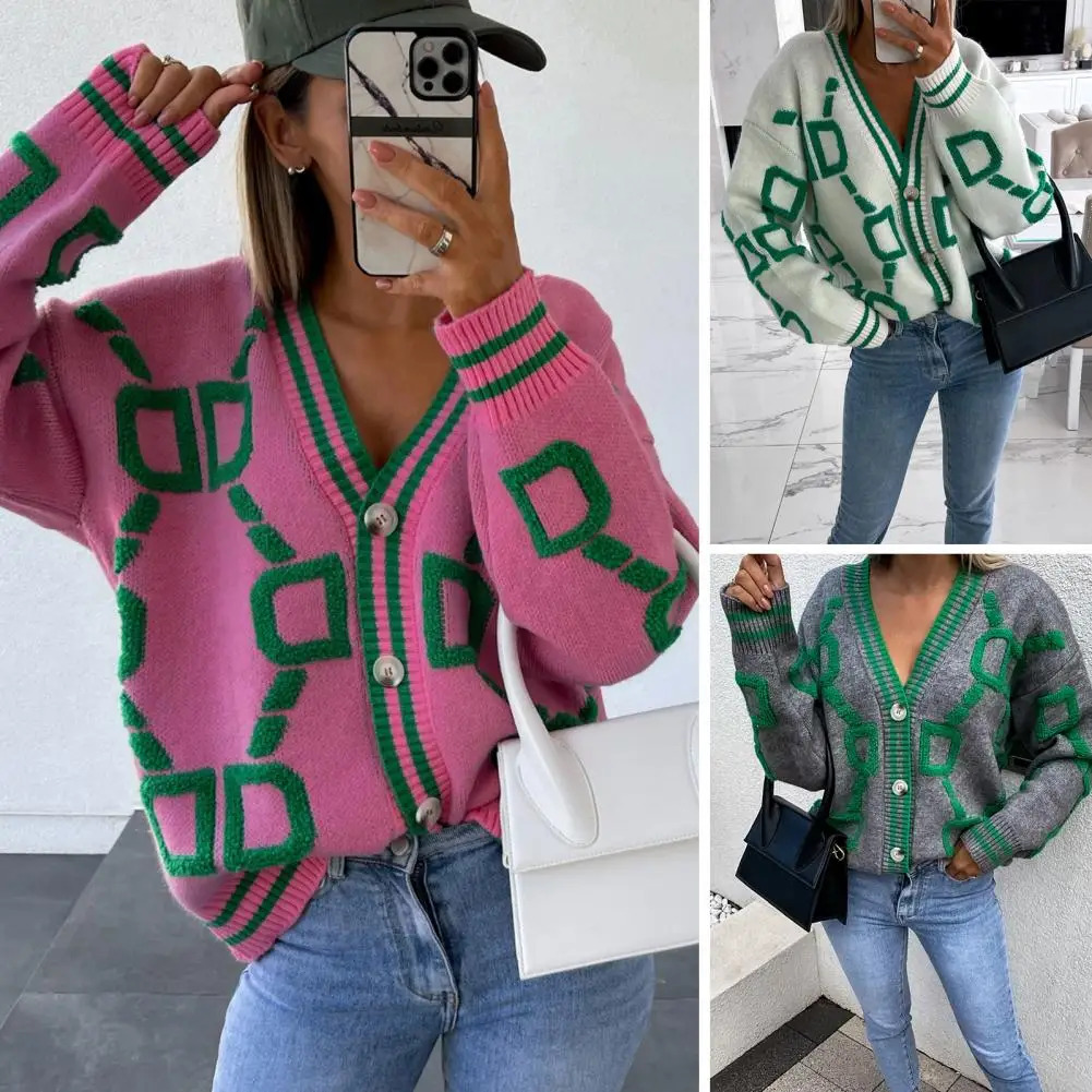 

Chic Sweater Coat Versatile Knitted Coat V Neck Women Striped Pattern Loose Coat Knitwear Coldproof