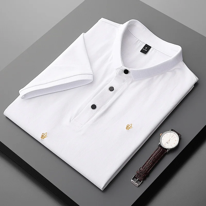

Golden Embroidery Men's Fashion Polo Shirts Solid Color Tee Tops Short Sleeve Shirt Slim-fit Blouse Summer Camisas Mens Clothing