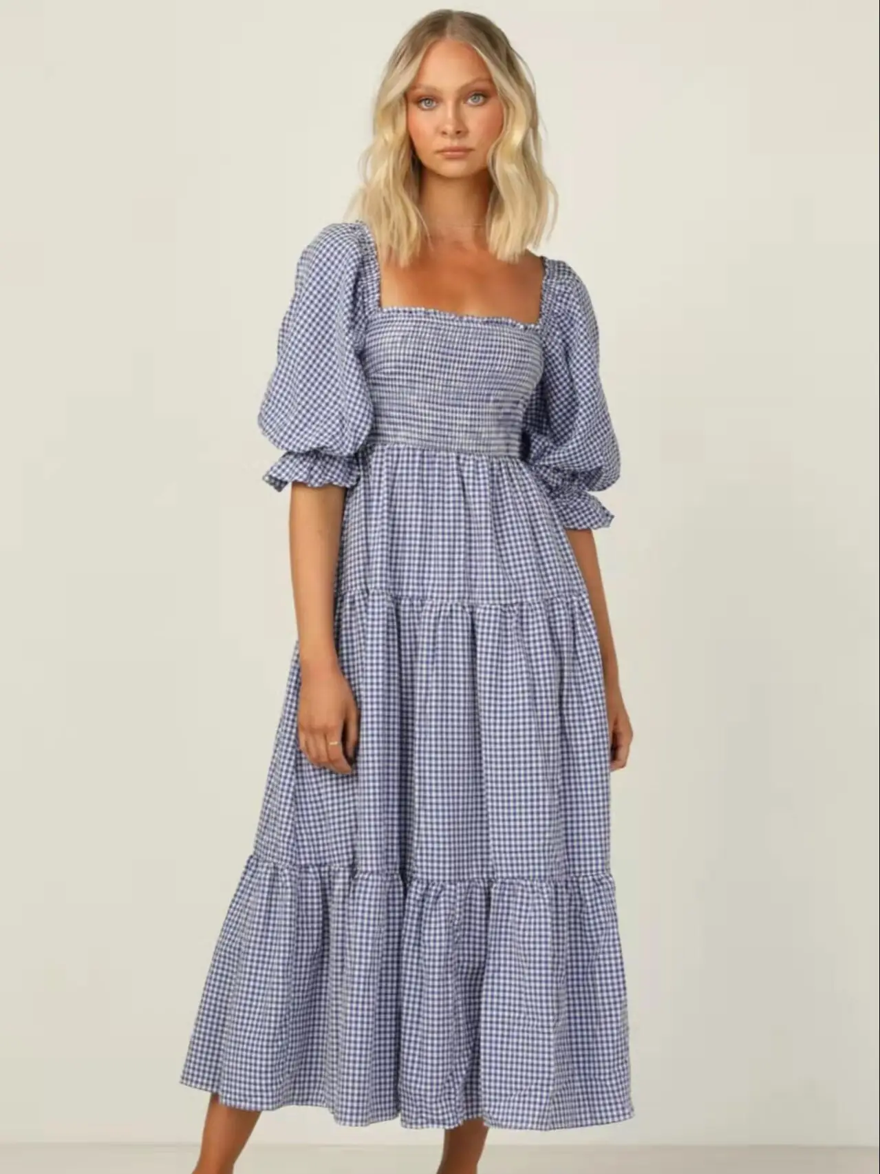 

Trendeez Casual Plaid Square Collar Lantern Sleeve Ruffles A-line Midi Dress