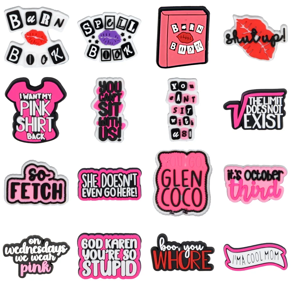 

1PCS Girls Cool Pink Slogan Croc Charms PVC Shoe Decorations for Clogs Sandals Wristband Accessories Women Girls Party Gifts