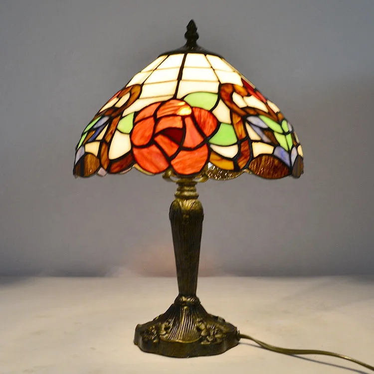 

LongHuiJing 10Inch Tiffany Style Accent Lamp Flower Pattern Stained Glass Lampshade Table Lamps Art Decor Lighting