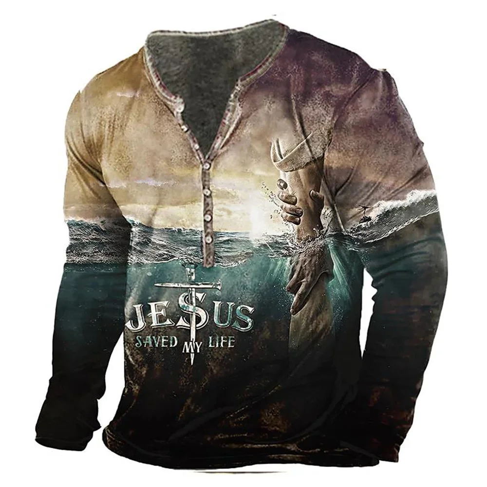 

Винтажная Мужская футболка с длинным рукавом, 3d принт Иисуса, v-образный вырез, Хенли, рубашка, Винтажная футболка с черепом, большой Топ, мужская одежда