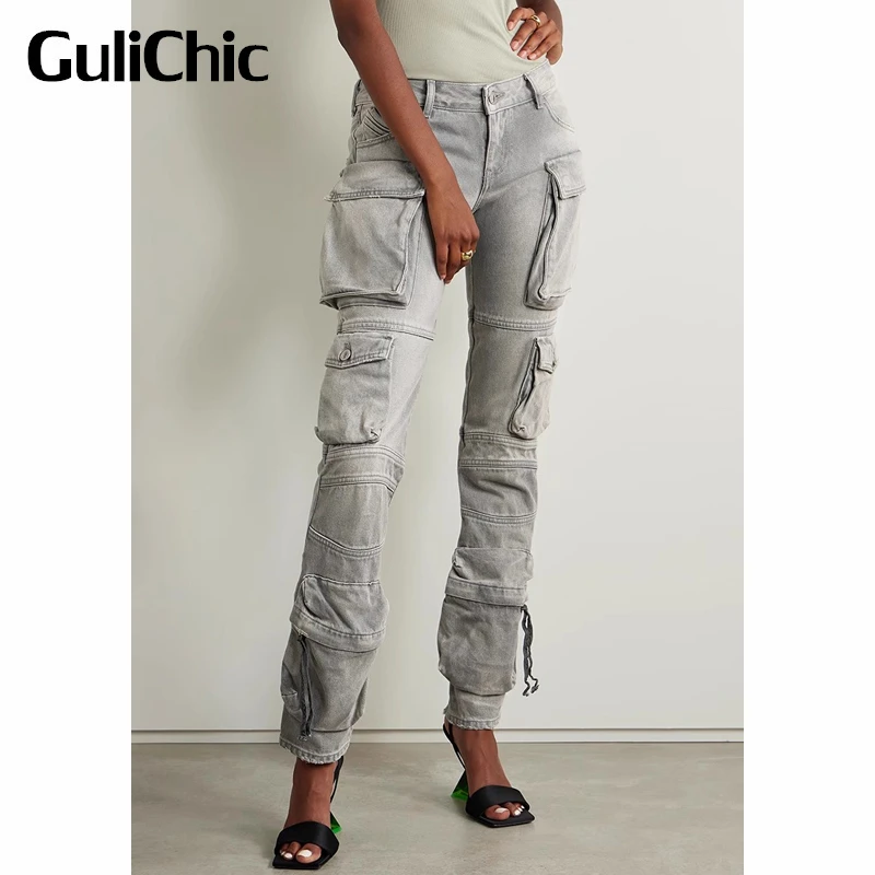 

9.7 GuliChic Women Street Vintage Denim Washed Distressed Bleached Pocket Cargo Straight Jeans