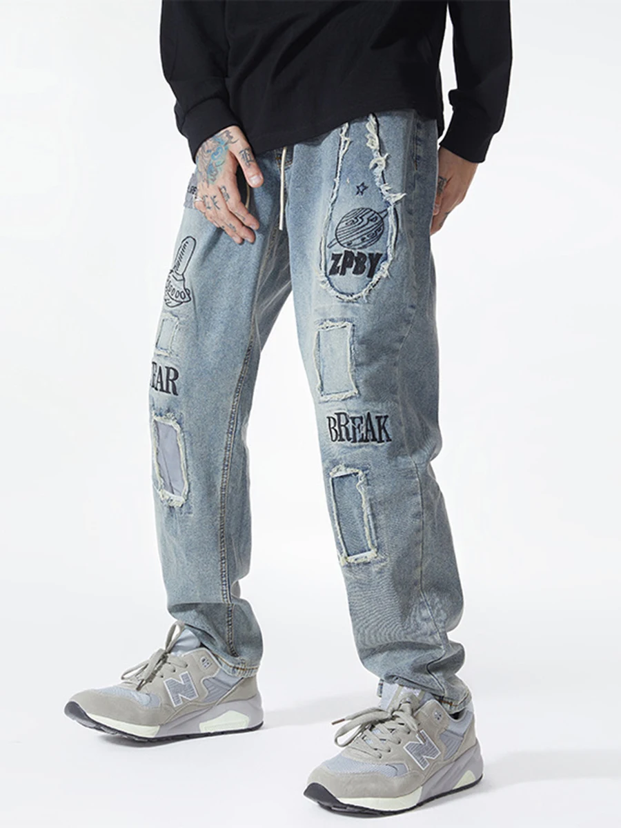 European and American Men Fashion Trend Washed Embroidered Jeans Men American High Street Retro Loose Straight Hole Pants Denim