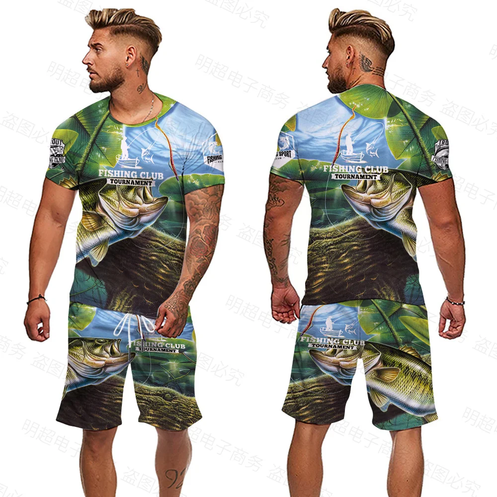 Fishing 3DT Shirt Men's Suit Casual Short Sleeves 3D Printed Funny Harajuku Fashion Outdoor Clothes Male Fish Pattern + Shorts