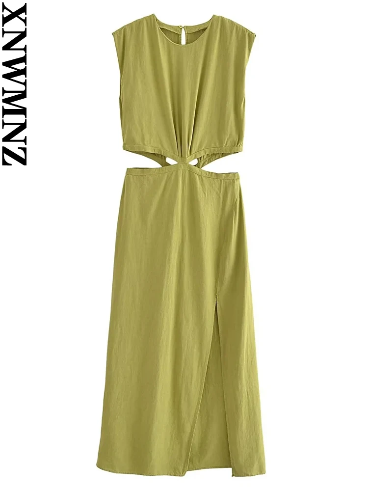 

XNWMNZ женское модное 2023 платье миди из смеси льна с вырезами женское платье для отпуска с круглым вырезом без рукавов с разрезом спереди женские Платья Миди