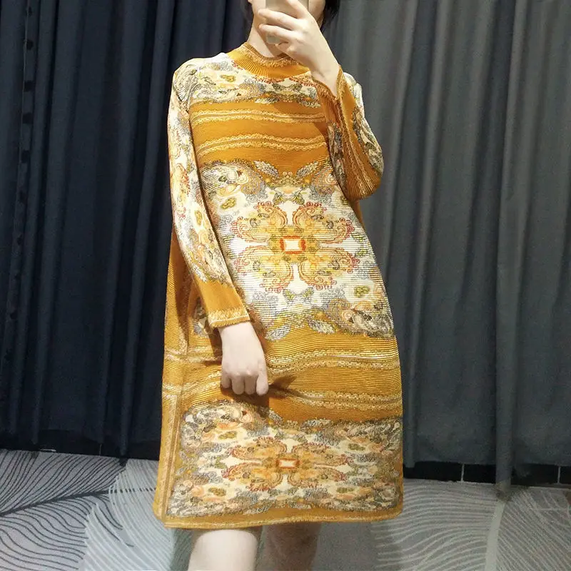 

Women Dress National style printed pleated dress 2021 autumn new style retro palace style noble lady loose plus size skirt dress