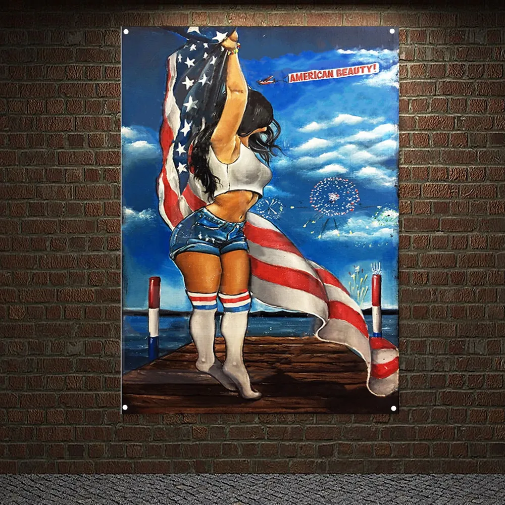

MERICAN BEAUTY Vintage Art Poster Wall Hanging Flag Sexy Booze Babe Banner Wall Painting Club Bar Man Cave Home Decor Sticker