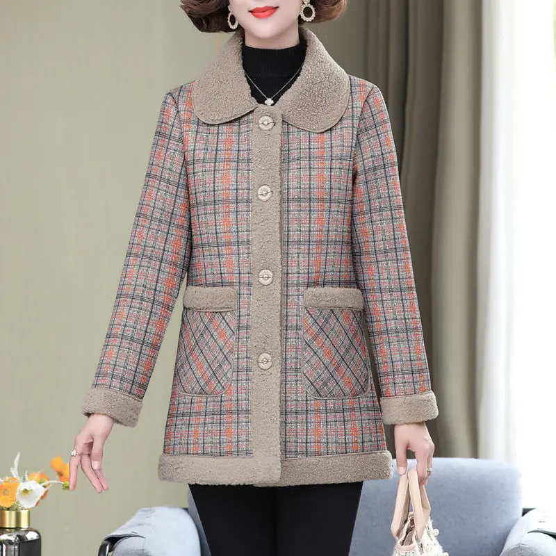 Middle-aged mother's New Splicing Lamb velvet Jacket 2023 Autumn Winter Slim Thick Plaid Coat Short Women's Warm Parkas Outwear
