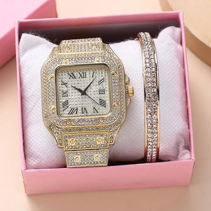 2PCS Set Luxury Square Full CZ Watch Women's Bracelet Fashion Watch Women's Casual Women's Watch Bracelet Set Clock