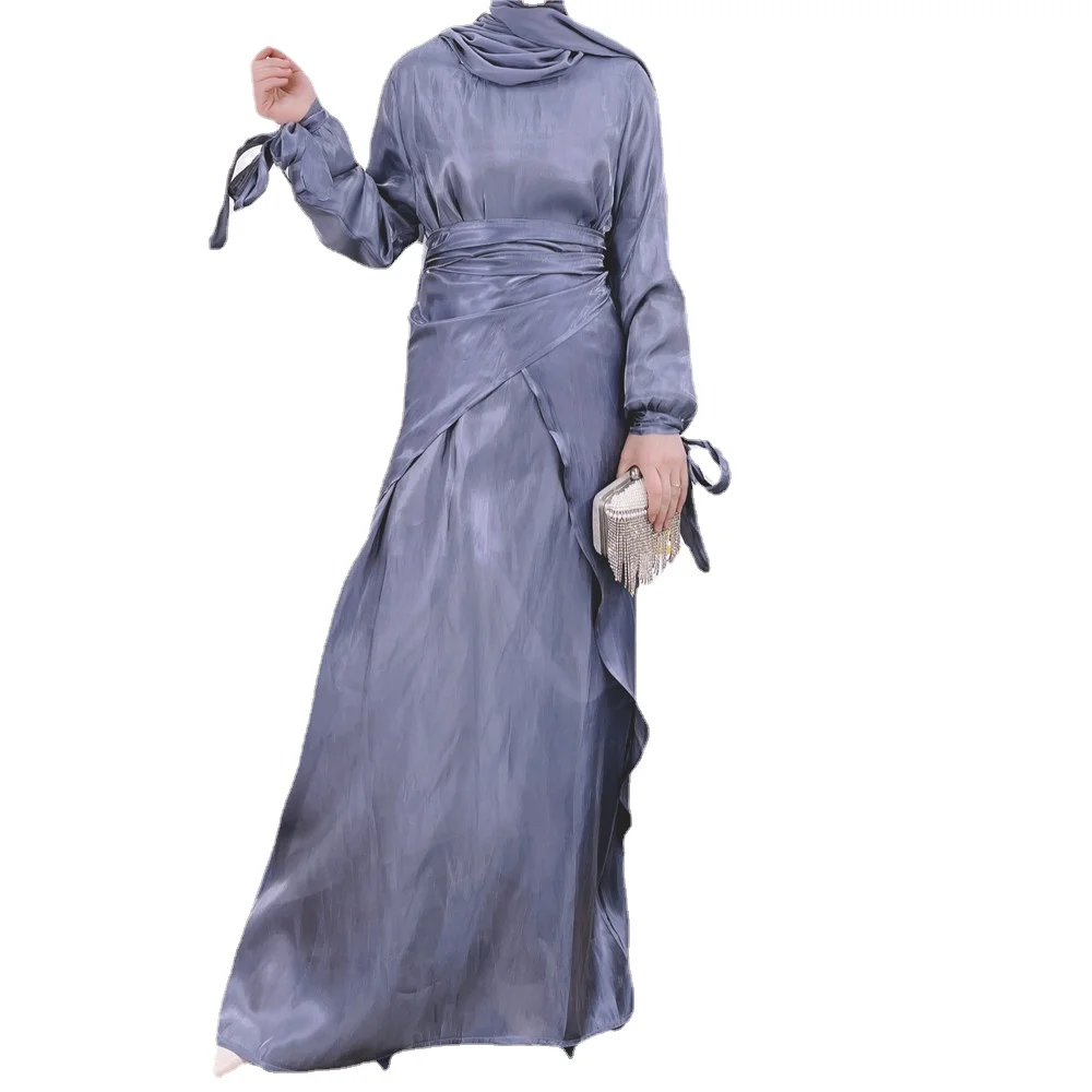 Ramadan Eid Mubarak Satin Abaya Dubai Arabic Turkey Islam Pakistan Muslim Set Dress For Women Robe Ensemble Femme Musulmane