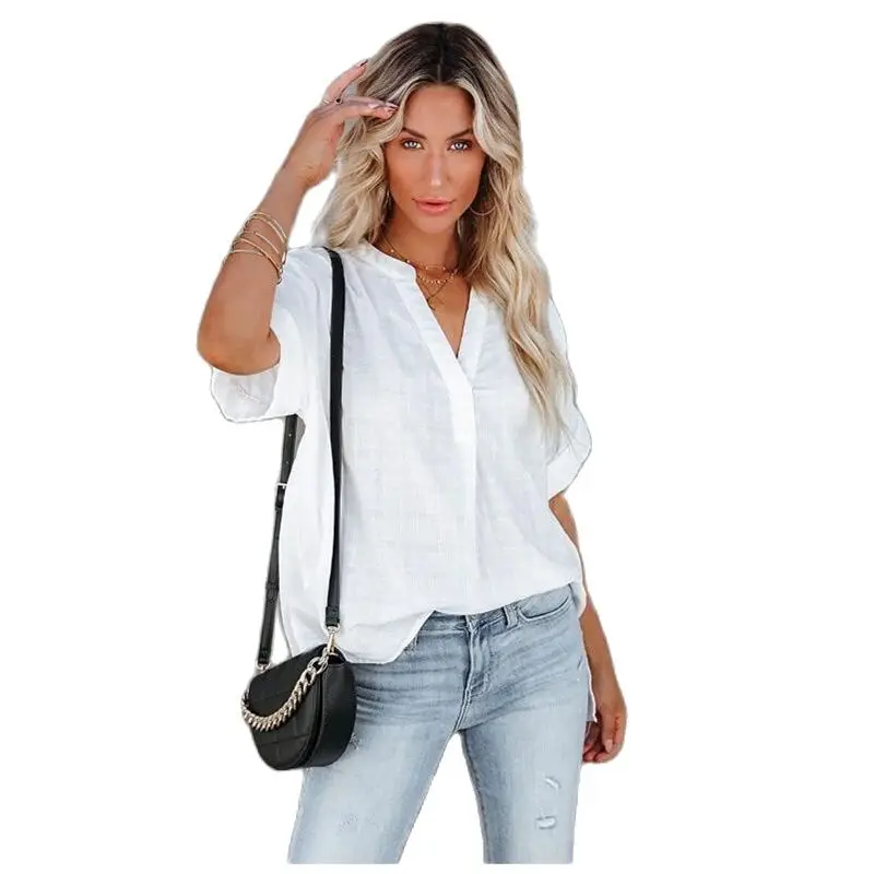 

2022 New Arrivel New Women Summer Solid Color Shirt Sexy V-neck Loose Style Tops Fashion Plaied Blouse 4 Colors Drop Shipping