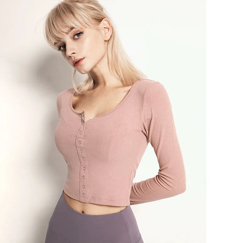 

Женский спортивный топ, осенняя облегающая дышащая быстросохнущая одежда с длинными рукавами и резьбой, футболка с круглым вырезом для йог...