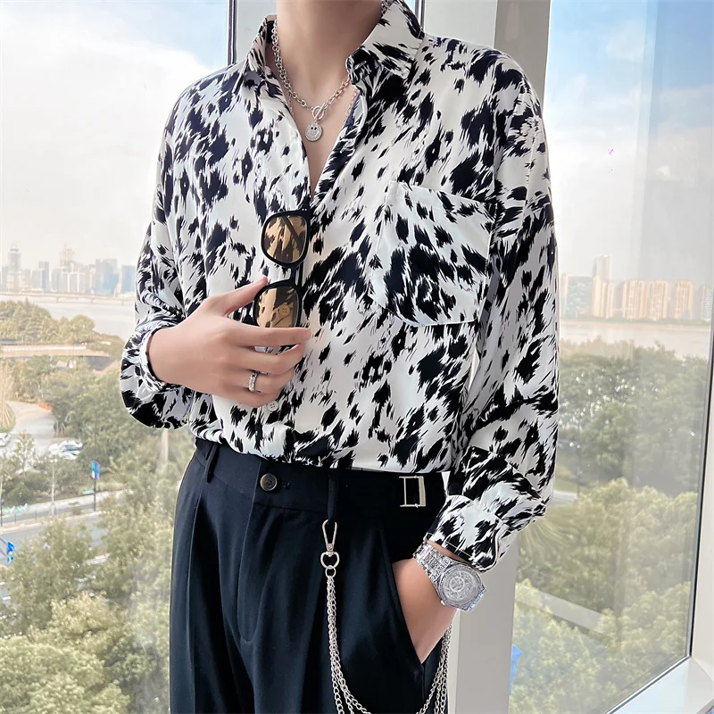 2022 Vintage Print Men's Shirts Autumn Long Sleeve Casual Loose Shirt Fashion Streetwear Social Party Tuxedo Blouse Men Clothing