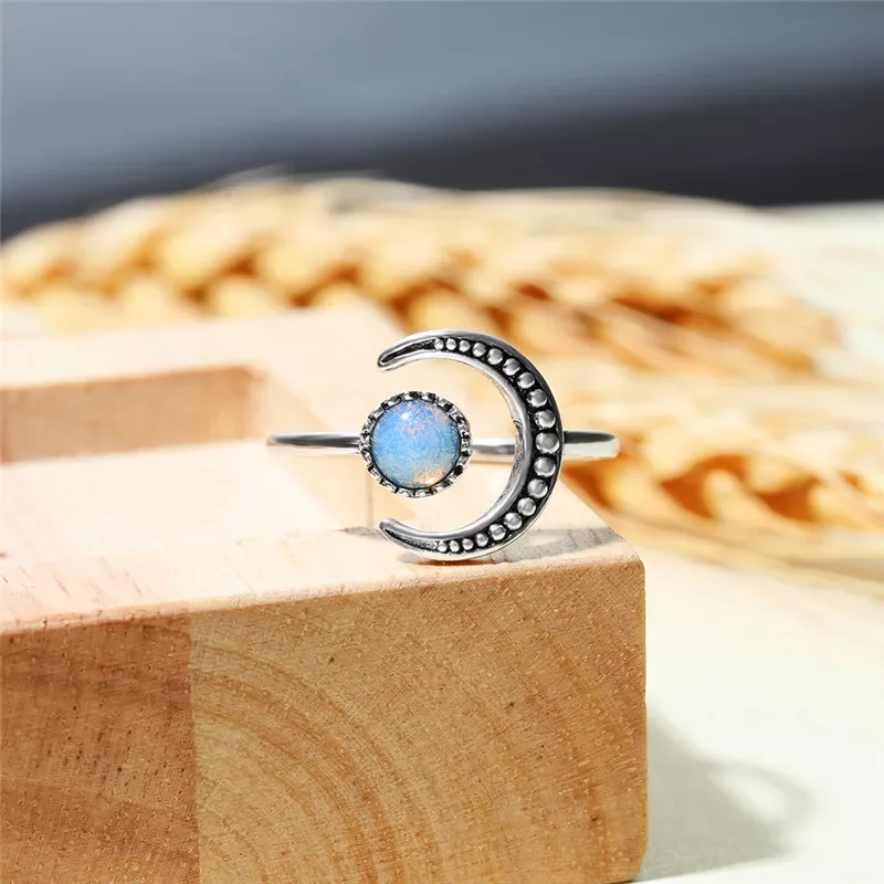 

Small Moonstone Open Adjustable Ring Silver Color Bridal Engagement Ring Vintage Zircon Stone Wedding Rings For Women