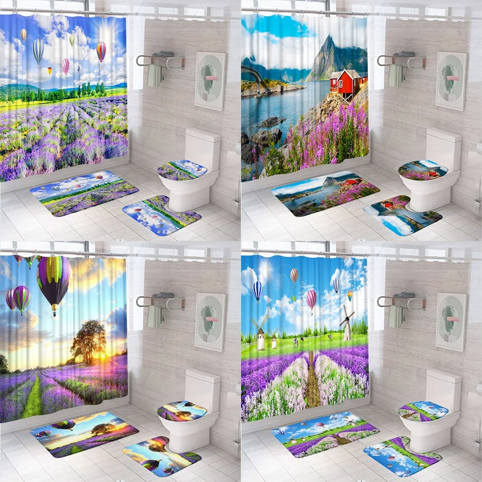 

Purple Lavender Flowers Shower Curtain Set Country Scenery Hot Air Balloon Bathroom Curtains Bath Mat Pedestal Rug Toilet Covers