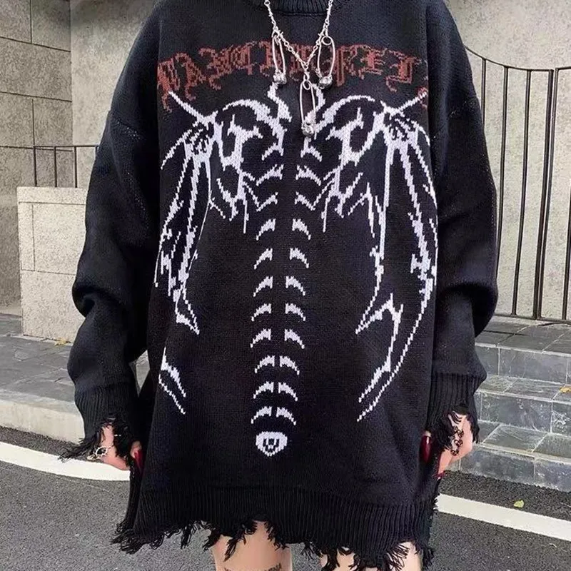 

Женский джемпер в стиле Харадзюку, пуловер с черепом и крыльями демона, в готическом стиле