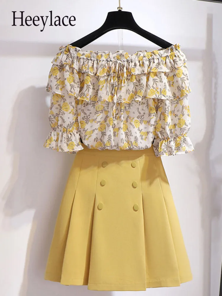 

Women Summer Two Piece Sets For Women Slash Neck Off Shoulder Floral Print Chiffon Blouse And Pleated Midi Skirt Sets