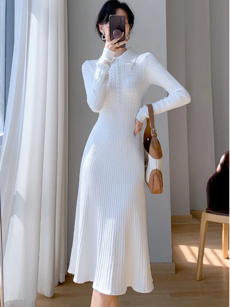 

New FashionTemperament Girl Elastic Lapel Knit Long Dress For Women Vintage Autumn Winter Full Sleeve Beaded Sweater Dresses