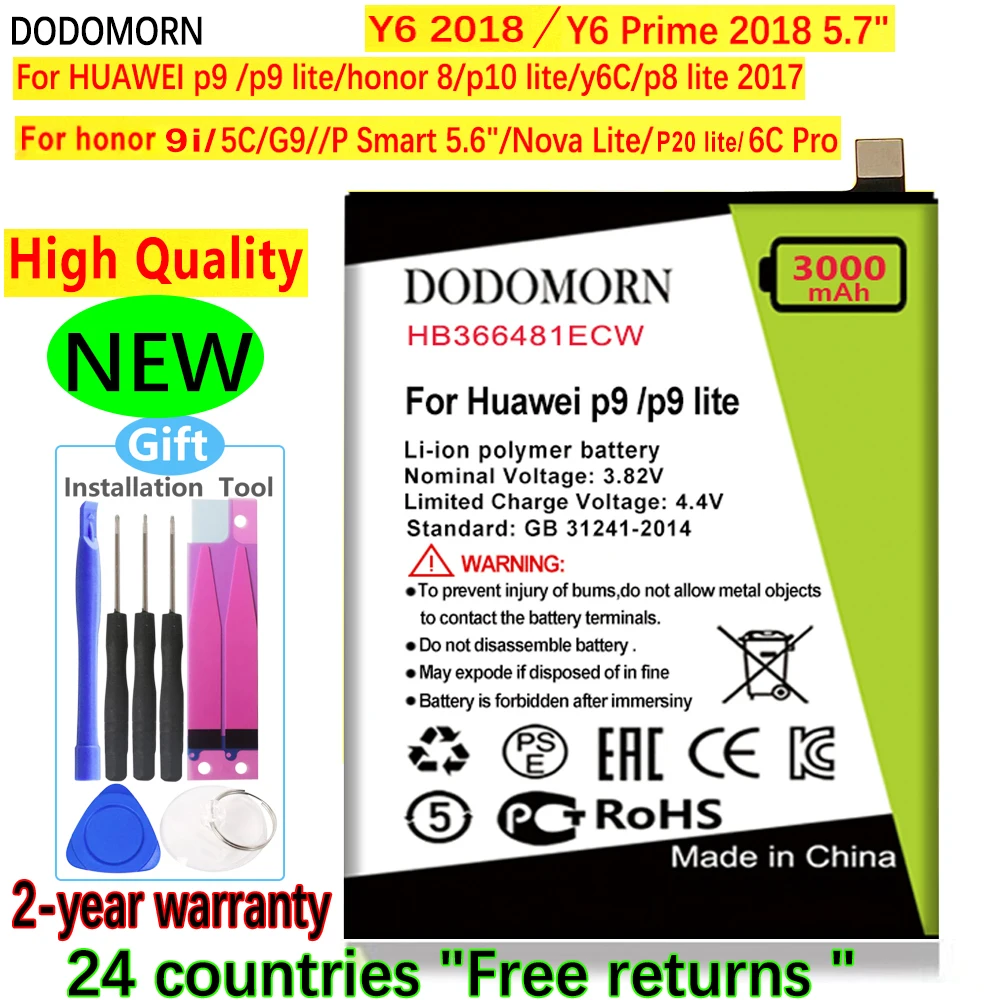 

HB366481ECW Battery For Huawei P9/P9 Lite P10 P20 P8Lite/Nova 3E/P8 Lite 2017/GR3 2017/Y6 Prime 2018/Honor 5C/7C 7A Pro