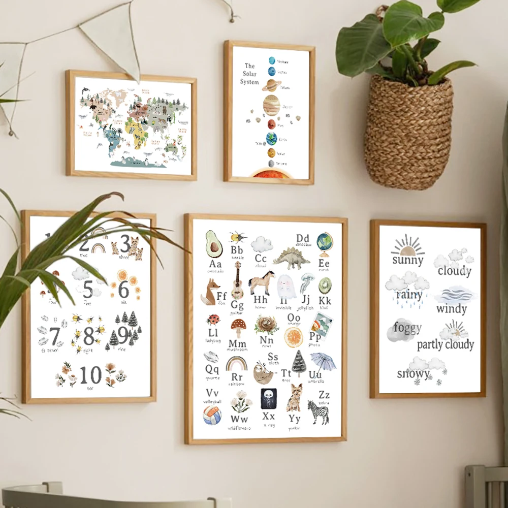 

Мультяшный Алфавит цифры животные образовательные планеты настенная Картина на холсте скандинавские плакаты и принты настенные картины д...