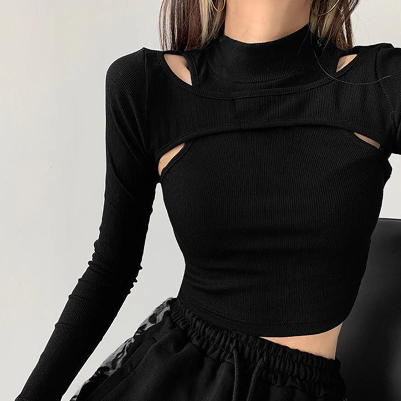 

Однотонная белая фотография Новая Осенняя корейская мода женская футболка с круглым вырезом с длинным рукавом Тонкий вязаный поддельный топ из двух частей