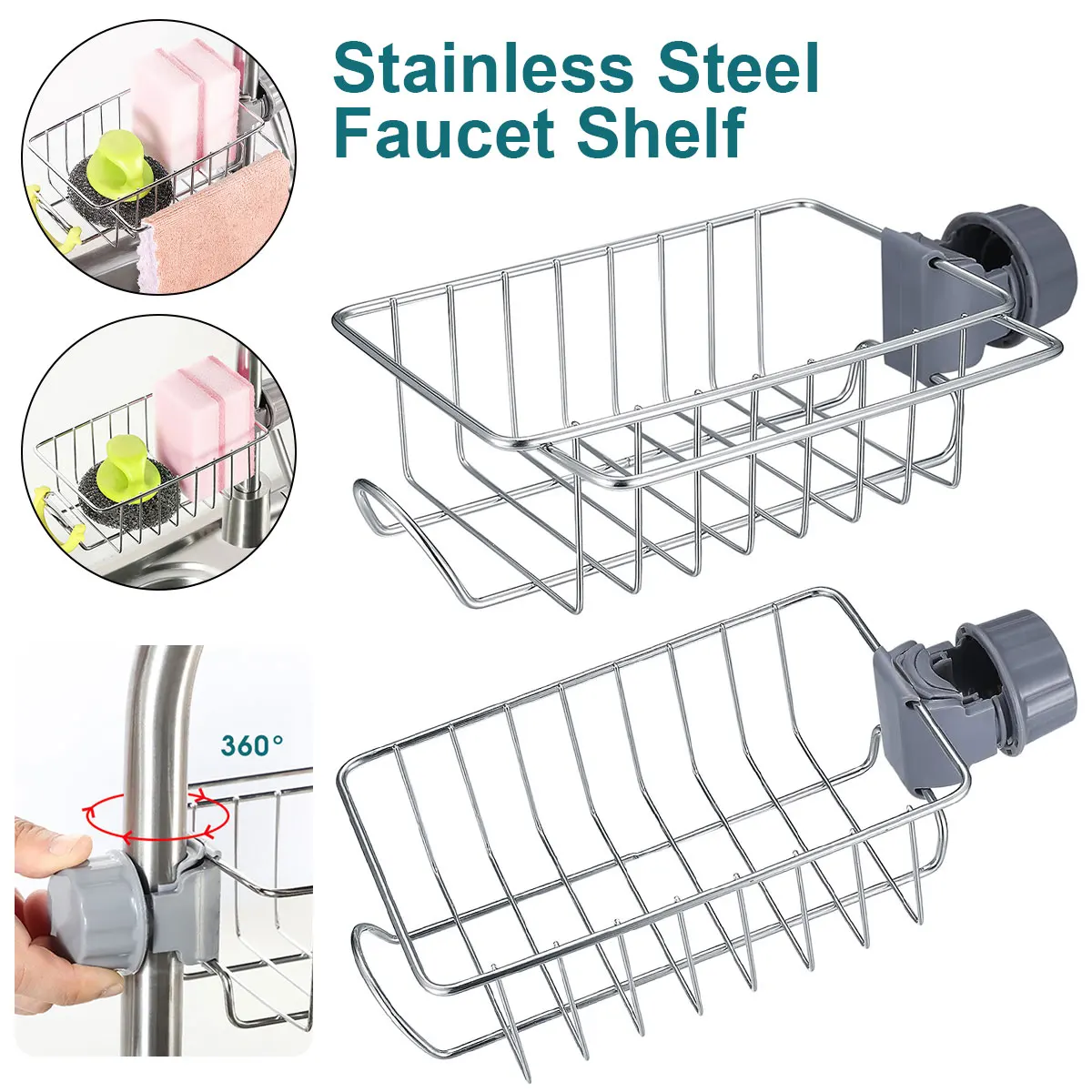 

Faucet Rack Stainless Steel Hanging Faucet Storage Rack Adjustable Rag Sponge Brush Drain Rack Detachable Stable Sink Dish