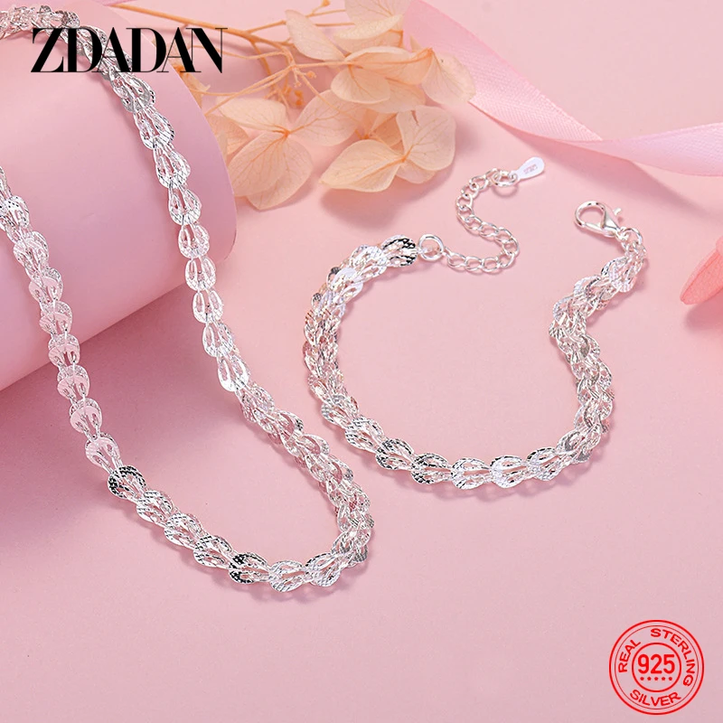 

ZDADAN 925 Sterling Silver Charm Bracelet Necklace Set For Women Fashion Jewelry