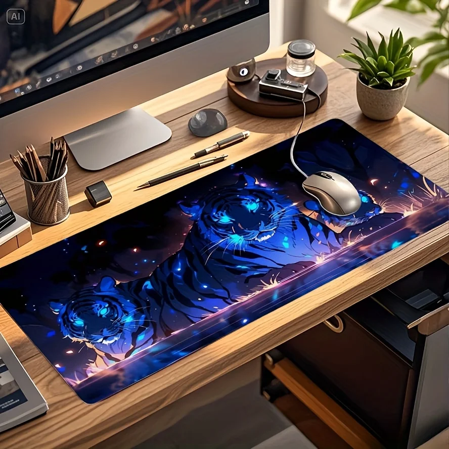 Фото Игровой коврик для мыши Blue Neon Tiger XXL с антискользящим резиновым покрытием для офиса и ПК №1