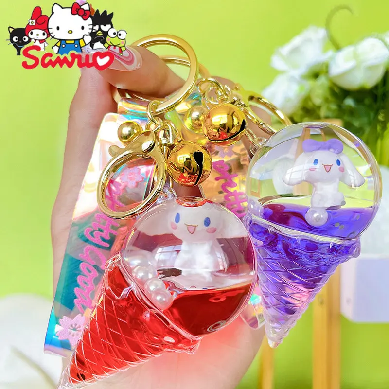 Купи Sanrio Cinnamoroll Ice Cream Keychain Acrylic Oil Floating Liquid Quicksand Bag Pendant Toys for Girl Keyring Couple Bag Keys за 384 рублей в магазине AliExpress