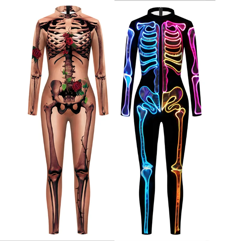 

Skeleton Rose Print Long-Sleeved Clothes Ghost Halloween Costumes Jumpsuit For Women Carnival Catsuit Bodysuit