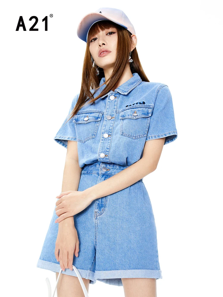 A21 Women's Casual High-waisted One-piece Denim Shorts 2022 Summer New Fashion Letter Printing Straight H Version Jumpsuit