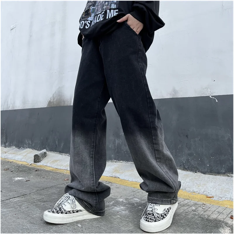 Men Clothing New Pattern Recreational Vintage Broad Leg Black Grey Jeans Straight Cylinder Large Loose Cargo Pants Autumn Female