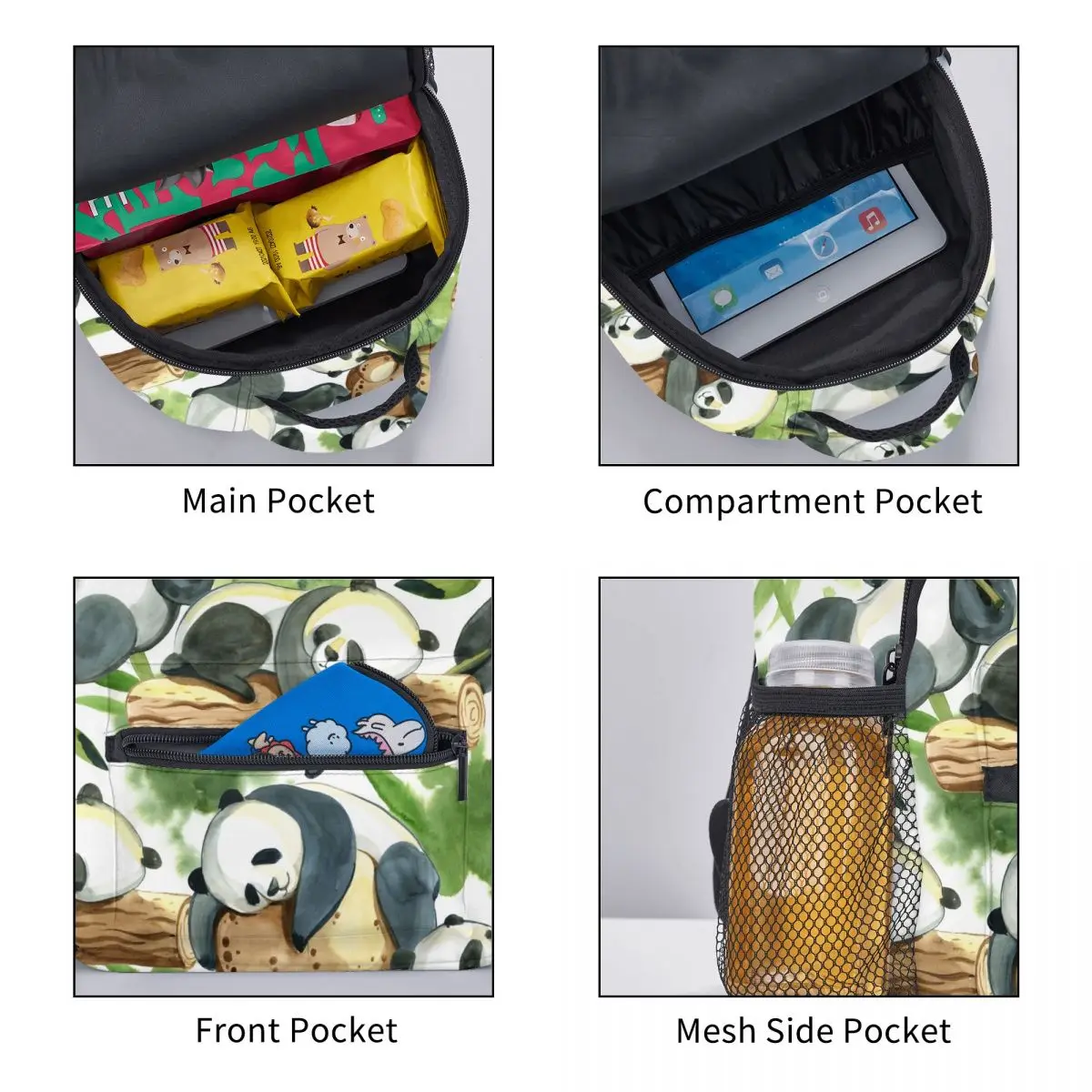 Детский рюкзак с милыми пандами и зелеными брызгами листьями для детского сада