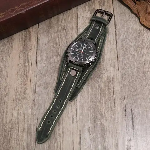 Мужские кварцевые часы с широким ремешком из искусственной кожи