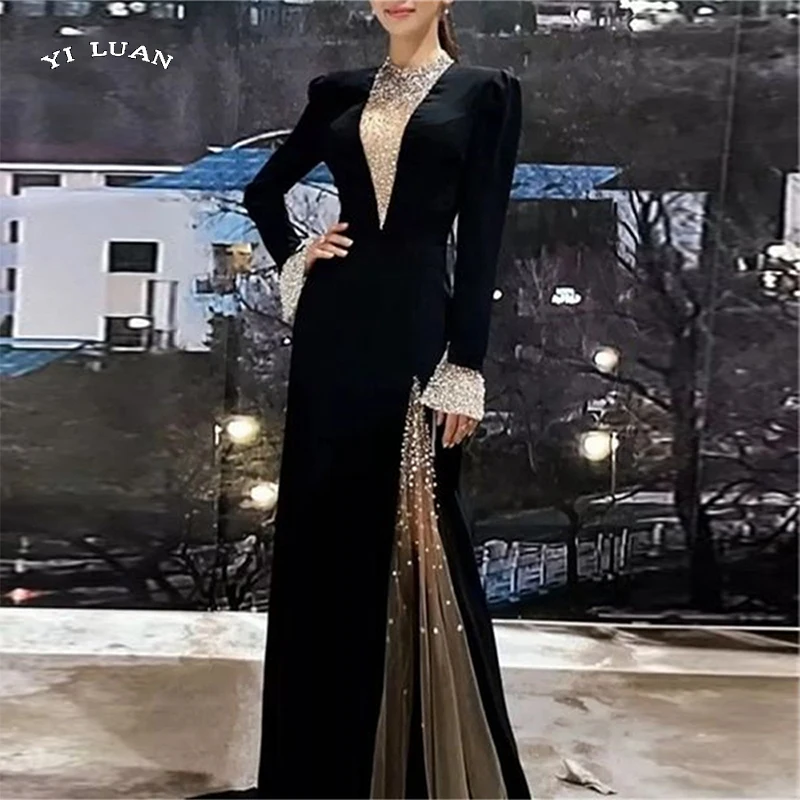 

Yi Luan Black Vintage Prom Dresses 2023 Sparkle Long Sleeves Glitter O-Neckline Velour Mermaid Evening Dresses Robes De Soirée