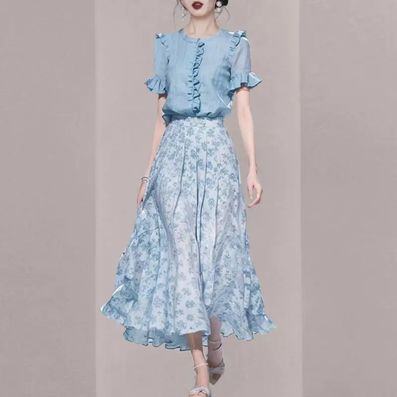 Женский костюм-двойка с принтом голубая рубашка и юбка высокой талией