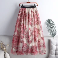 qooth embroidered flower print mesh skirt 2022 spring new high waist sweet fairy gauze skirt women midi skirts qt1412