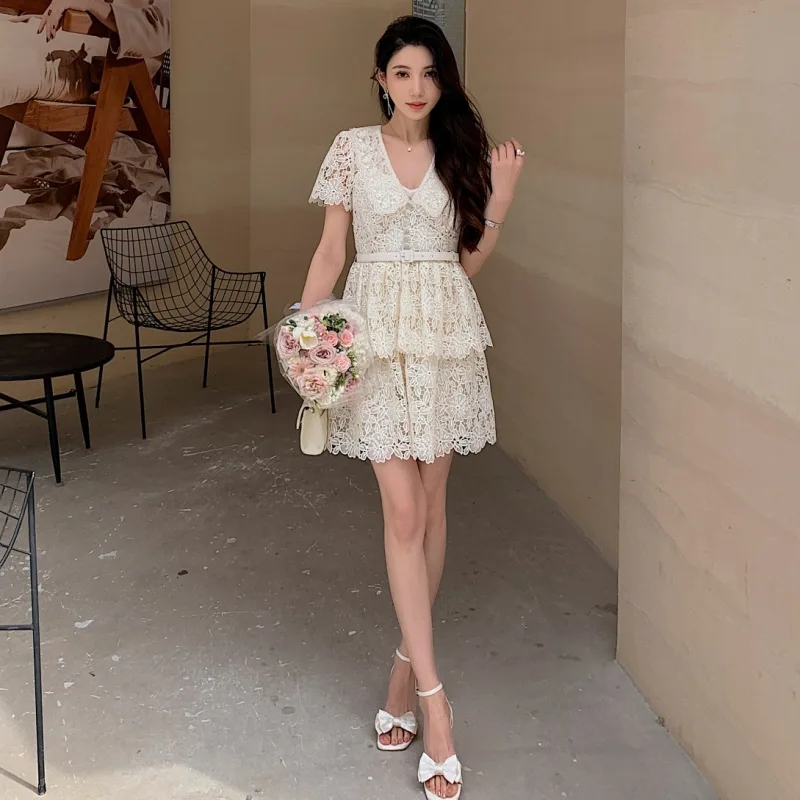 Высокое качество 2024 новинка лета белое платье цвета слоновой кости с короткими