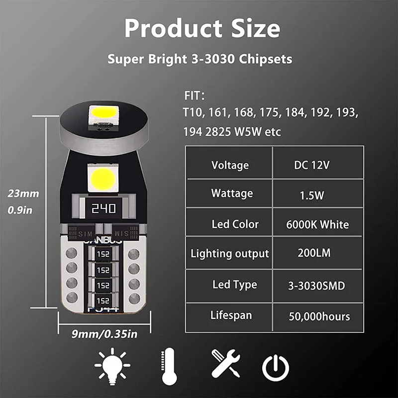 Супер яркие светодиодные лампы T10 W5W Canbus для внутреннего стекла двери автомобиля