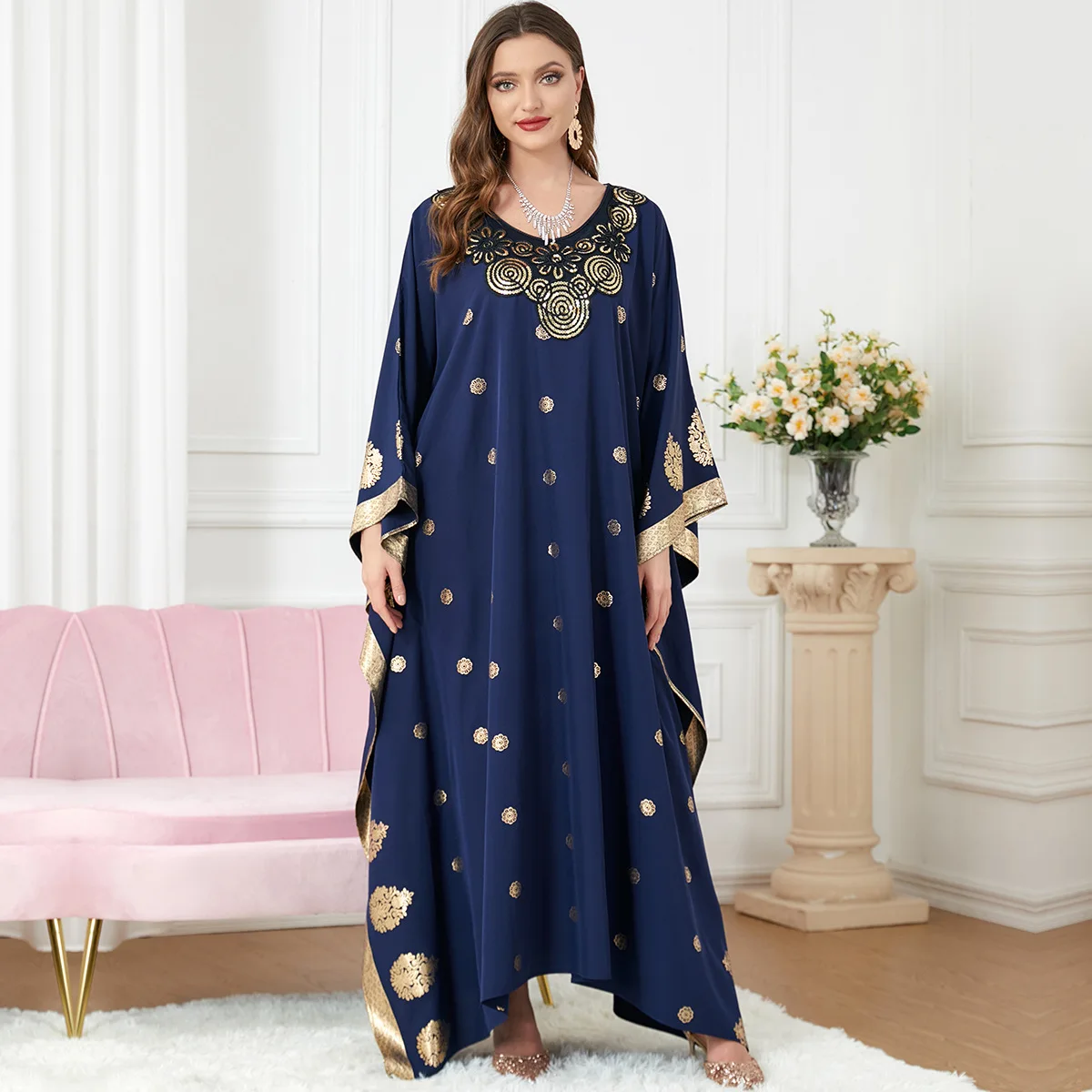 Muslim Blue Dress One Size Women's Fashion Gold Stamped Printing Autumn Bat Sleeve Loose Casual Dress Long Skirt Clothing