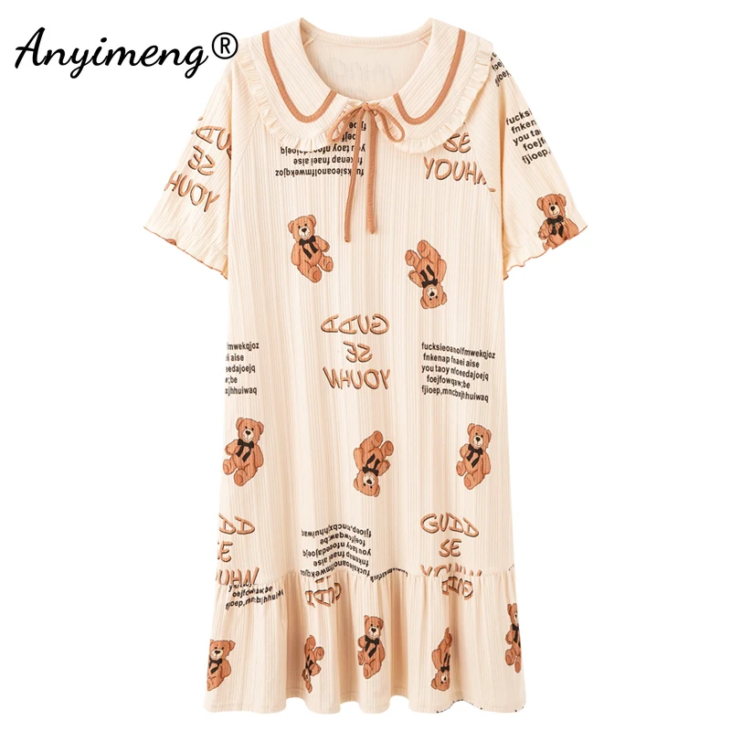 

Новинка, Летнее Длинное Платье для сна, мягкая хлопковая ночная рубашка с милым принтом медведя, свободная стильная ночнушка для отдыха 3XL для молодых девушек