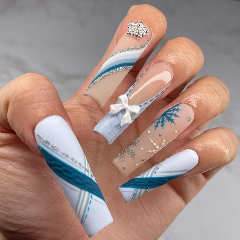 3D снежинки с бантом геометрический серебряный блестящий порошок синий