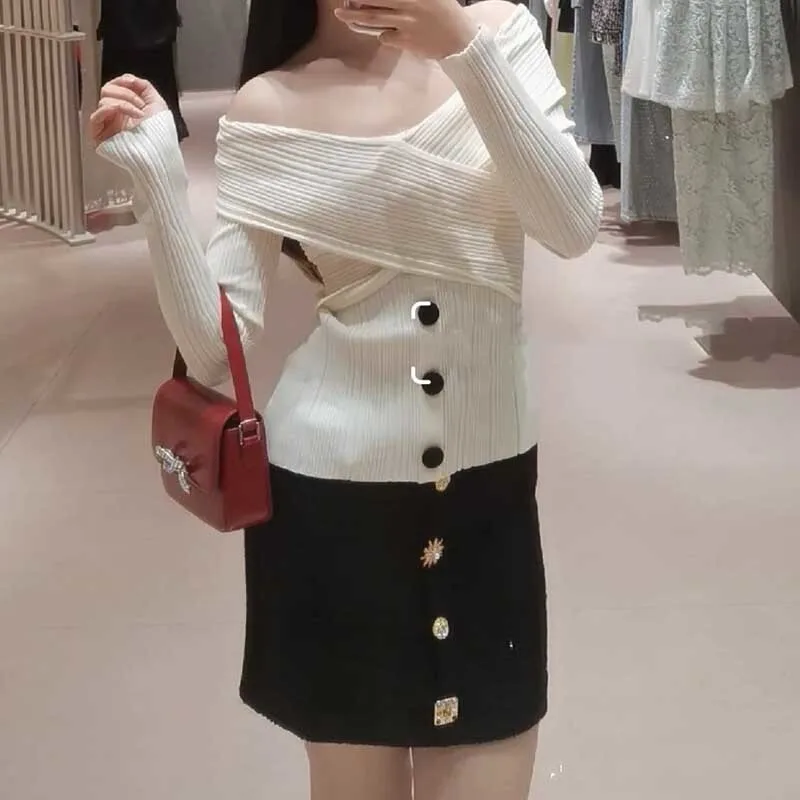 Женская одежда модный сексуальный трикотаж с открытыми плечами и длинными