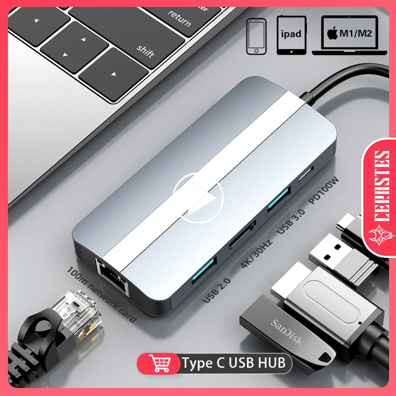 

CERASTES Type C USB HUB Dock Station Splitter 3.0 2.0 RJ45 VGA SD TF Card Reader PD 100W 87W Charger HDMI-compatible For Laptop