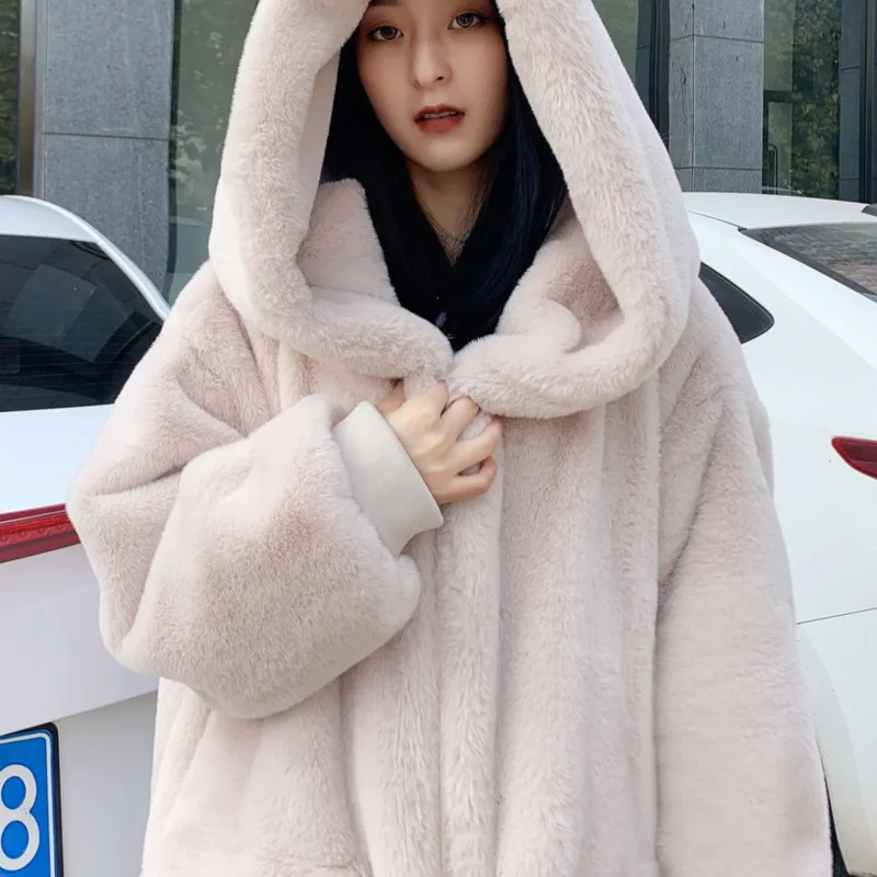High Quality Hoodies Long Pink Faux Fur Coat Oversized Thicken Elegant Rabbit Fur Women Winter Coat  Size Female h Coats